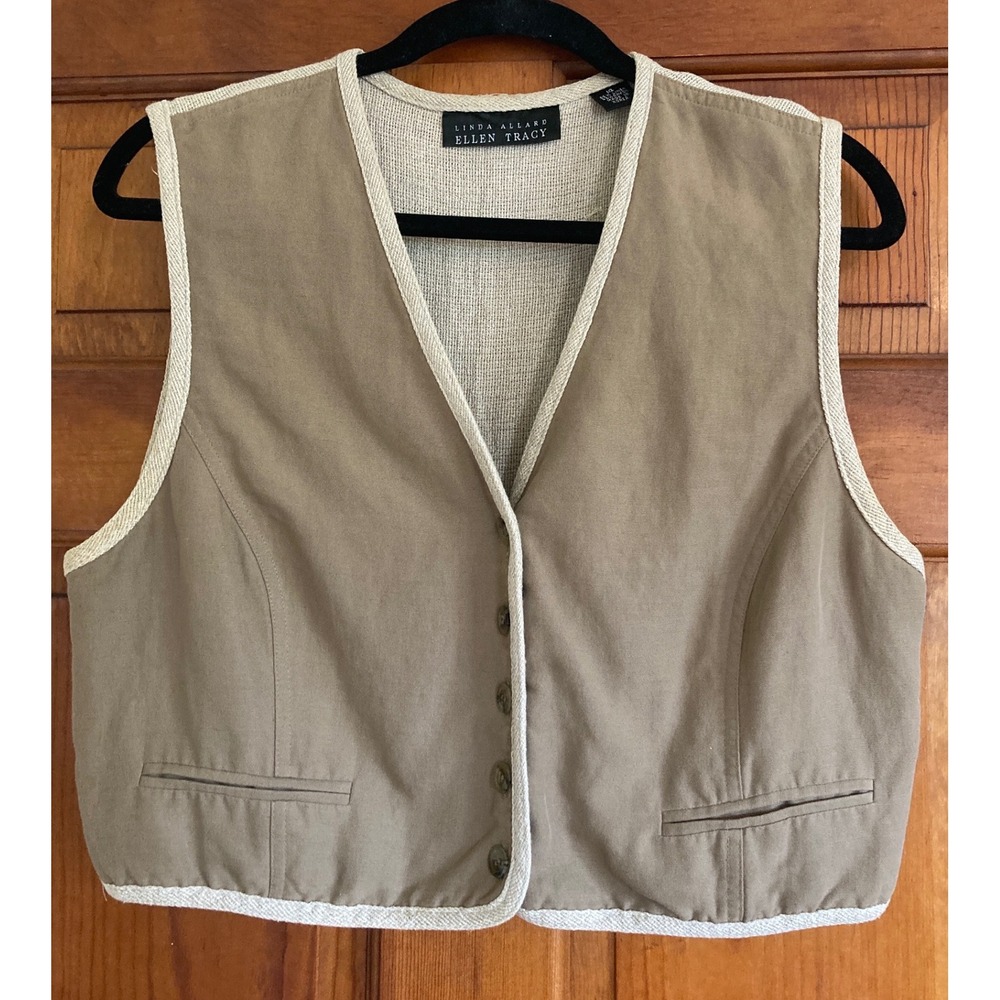 Linda Allard Ellen Tracy Womens 10 Tan Linen Blend Button Front Tailored Vest 90